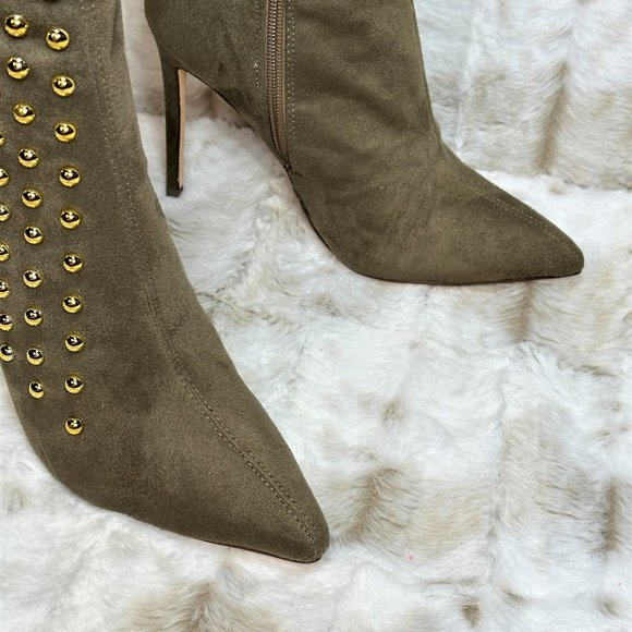 So Me Olive Army Green Gold Stud Thigh High Heel Boots - Picture 6 of 7